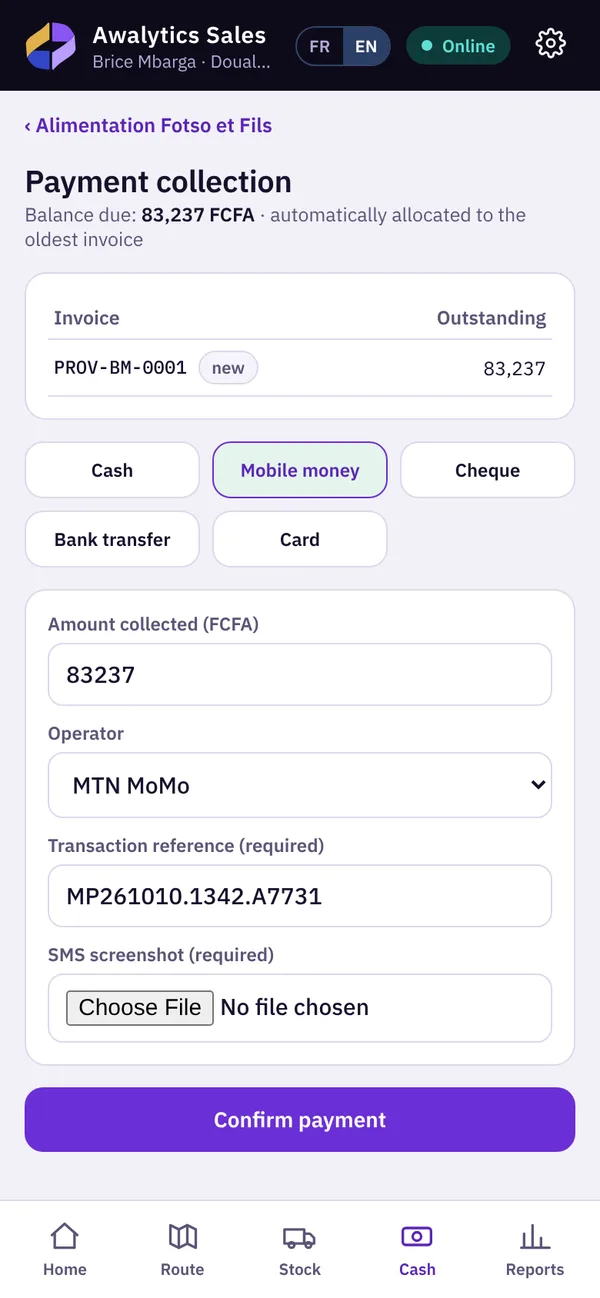 Mobile money collection with operator and transaction reference