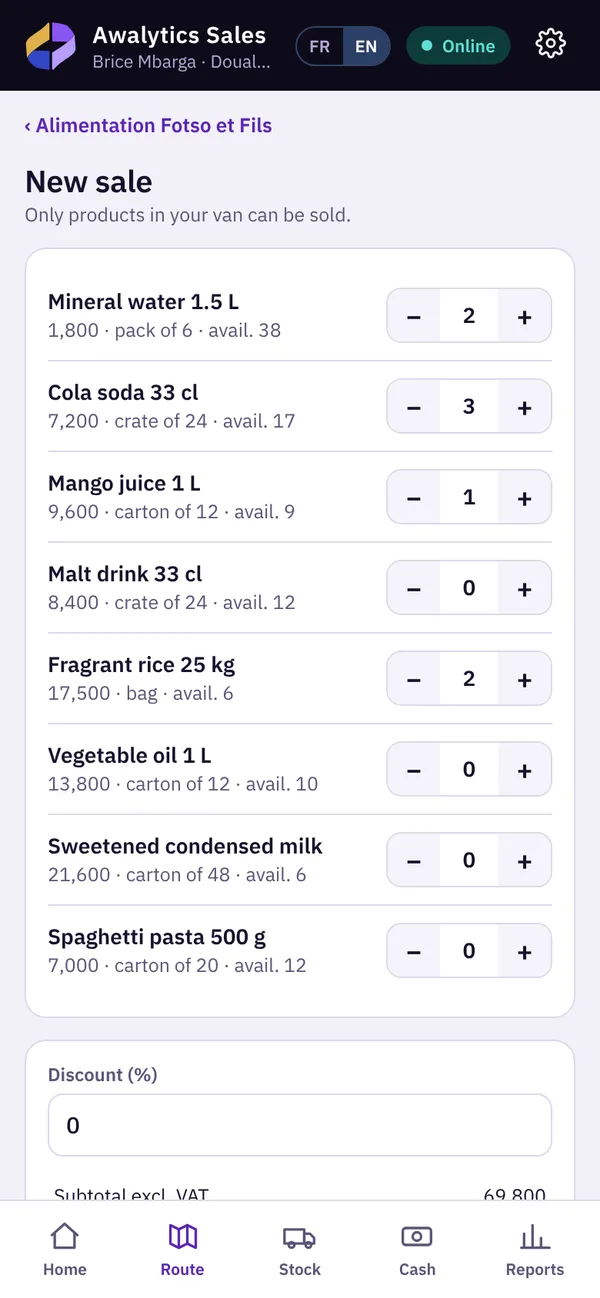Sales screen: quantities per product from van stock