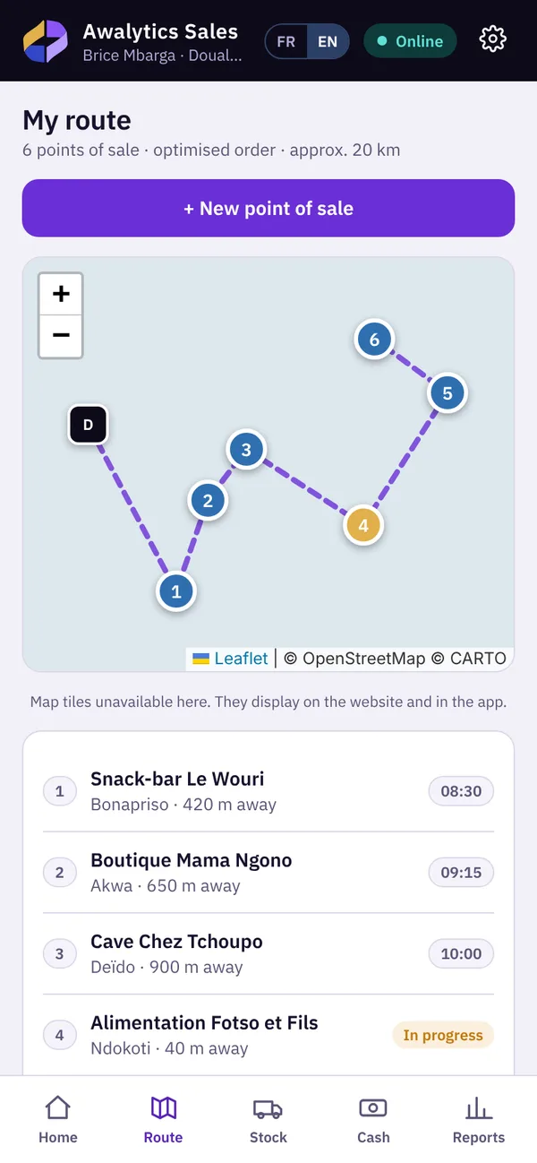 Today's route on the map with numbered outlets