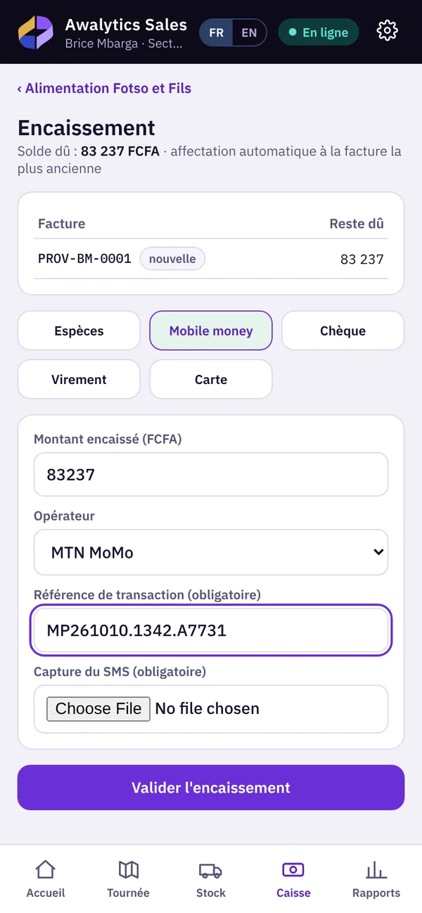 Encaissement par mobile money avec opérateur et référence de transaction