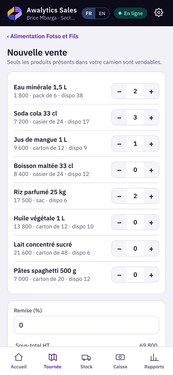 Écran de vente : quantités par produit à partir du stock du camion
