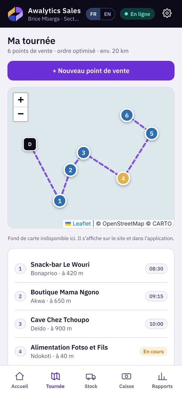 Tournée du jour sur la carte, avec les points de vente numérotés